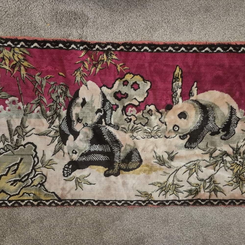 Vintage Velveteen Velvet Tapestry Wall Rug with a Panda Bear Motif Wall Decor